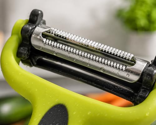 Image of Aromix 3-in-1 Stainless Steel Vegetable & Fruit Peeler | Straight, Serrated, and Julienne Blades | Sharp Multipurpose Peeler for Kitchen, Salad, Garnishing & Professional Use