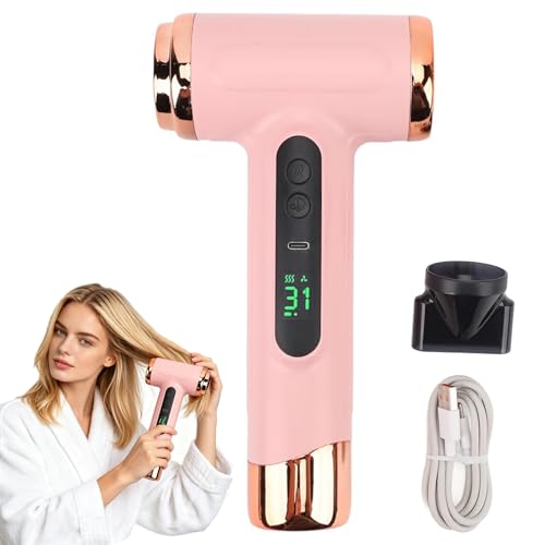 Cordless Hair Dryer Portable Rechargeable Blow Dryer with Digital Screen 3 Heat & Speed Settings USB Charging Lightweight Travel Hair Dryer for Home Dorm Travel Camping & Outdoor Use (Pink)