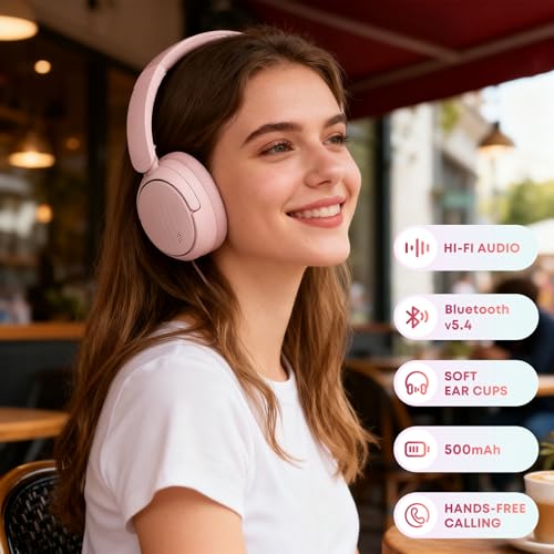 Image of Bluetooth Headphones with Active Noise Cancelling (ANC), Wireless Over Ear Bluetooth Headsets with 35H Playtime, HiFi Stereo Foldable Headphones with Foam Ear Cups for Sports, Travel, Pink