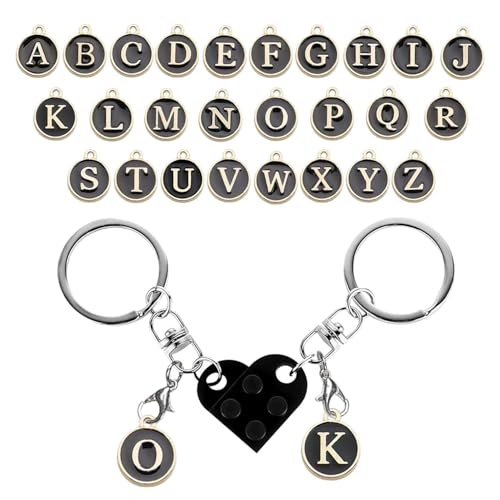 【Contenuto Del Prodotto】Riceverai 1 Paio Di Portachiavi Neri A Forma Di Cuore, Forniti Con 26 Accessori Con Lettere Inglesi, Adatti Per Portachiavi Personalizzati Fai-Da-Te Per Coppie O Amici.