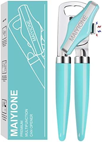 MAIYIONE - Safe Cut Can Opener Manual handheld, No-Trouble-Lid-Lift Can Opener with Magnet, Built in Bottle Opener, Stainless Steel Sharp Blade, Heavy Duty and Easy to Use Large Turn Knob, Aqua Sky