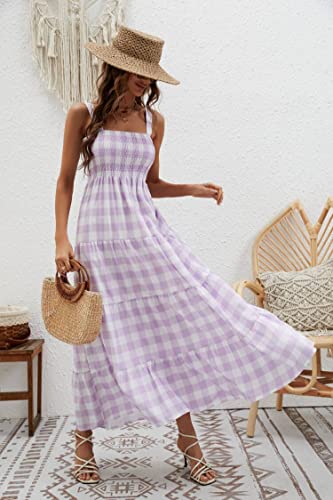Image of kinstell Women's Summer Boho Spaghetti Strap Square Neck Ruffle Casual Flowy Long Dress Beach Swing Party Maxi Dress