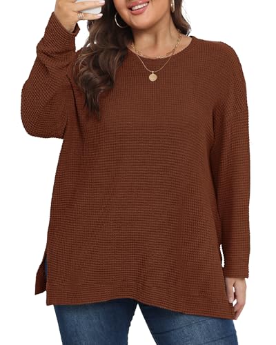 KARALIN Womens Plus Size Tops Fall CrewNeck Waffle Knit Long Sleeve Shirts Side Slits Oversized Sweater Pullover