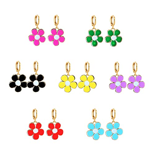 Just Follow 7 Pairs Cute Small Huggie Hoop Earrings Flower Set For Women Girls Colorful Enamel Earring Flowers Charm Weird Dangle Hoops (Ear Buckle) #TOP23