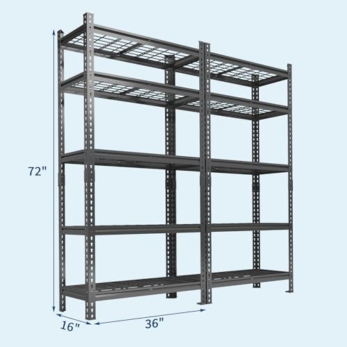 Image of Garage Shelving 2200 LBS Storage Shelves Adjustable Metal Shelving Unit Heavy Duty 5 Tier Metal Shelves for Garage Kitchen Pantry Warehouse Basement, 36 inch W x 16 inch D x 72 inch H, 2 Pack