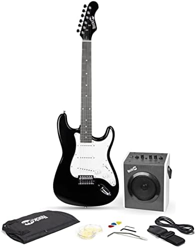 RockJam 6 String Electric Guitar Kit, Right, Black & White, full-size (EG1-BK-SK-V)