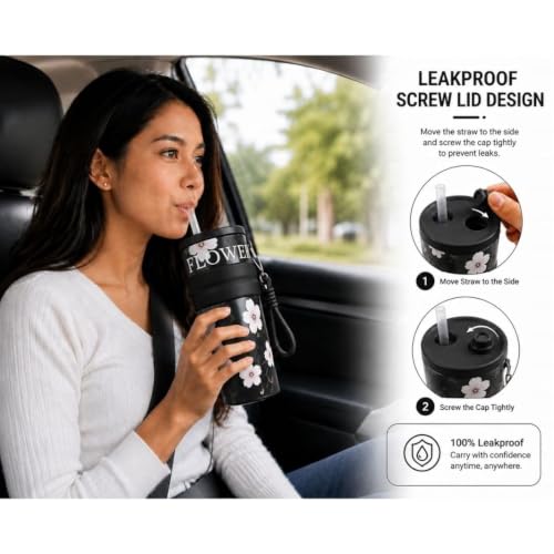 Image of STARFLYER Stylish Reusable Drinking Cup for Water, Juice & Cold Beverages | Portable Travel for Home, Office & Daily Use. (700ml Black Flower)