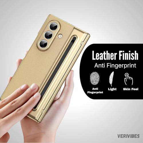 Image of Ultra Hybrid Luxury Leather Compatible with Samsung Galaxy Z Fold 8 Ultra (2026)| Built-in S Pen Holder| 360 Hinge Protection | Slim Shockproof Back Cover with Tempered Glass - Golden