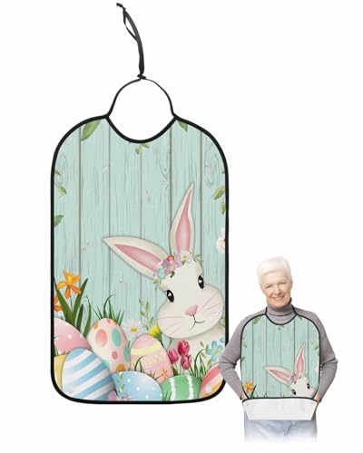 LEOKOTI Teal Easter Adult Bibs for Eating, Waterproof Bibs with Food Catcher & Adjustable Snap Closure, Spring Floral Colorful Eggs Botanical Wooden Washable Clothing Protectors Adult Bibs for Elderly