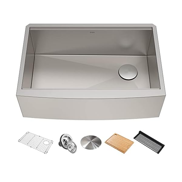 KRAUS Kore Workstation 33-inch Farmhouse Flat Apron Front 16 Gauge Single Bowl Stainless Steel Kitchen Sink with Integrated Ledge and Accessories (Pack of 5), KWF410-33