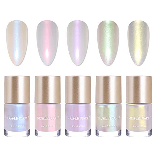 NICOLE DIARY Pearl Nail Polish Pearl Stamping Polish Shell Shiny Glitter 2 in 1 Nail Art Polish for DIY Manicure Decoration (5 colors)