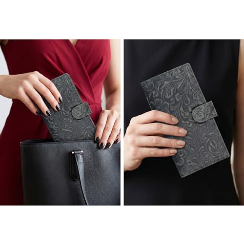 Image of Oak Leathers Checkbook Cover Slim Minimalist For Men with RFID Blocking Credit Card Holder Wallet (Vintage Flower Green)