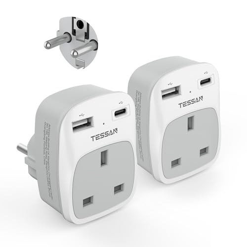 TESSAN UK to European Plug Adapter Type E F EU Travel Adapter with USB C