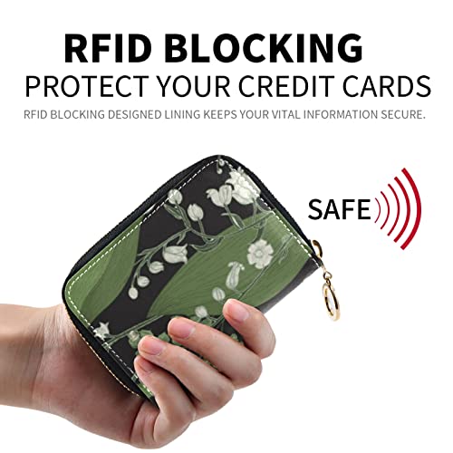 Green White Color Lily of the Valley with Ferns Leaves on Black Grey Credit Card Coin wallet, RFID Blocking Compact Women Leather Card Holder, Key Change Organizer, Zipper Purse Clutch Pouch2
