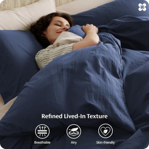 Image of Bedsure 100% Washed Cotton Duvet Cover Oversized King Size - Navy Minimalist Bedding Set Linen Like - PureWoven Plain Simple & Soft Comforter Cover for All Seasons (Navy, Oversized King, 120 inchx98 inch)