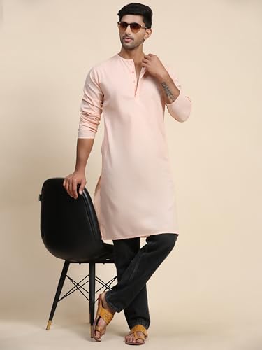 Image of Amazon Brand - Anarva Men's Cotton Solid Round Neck Kurta Long Sleeves Straight Knee Length Casual Shirt