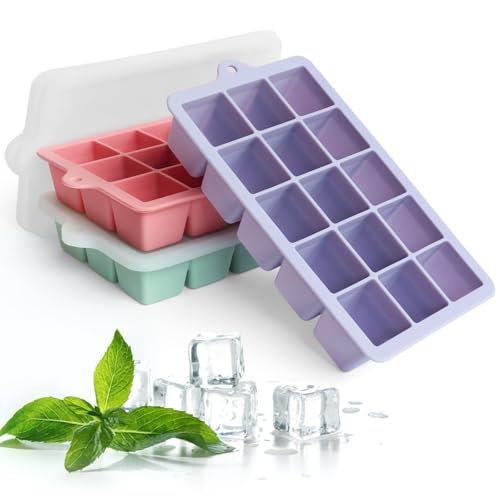 Ice Cube Tray with Lid, 3 Packs 45 Cubes, Silicone Ice Cube Mold Large Reusable Moulds and BPA Free for Whiskey, Cocktail, Drinks&Baby Food, Freezer, Souper(Purple+Pink+Green)