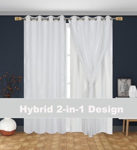Image of IVAZA Faux Silk Hybrid Designer 100% Blackout Curtain 2-in-1 |Dual-Layer Design with Decorative Mesh Overlay & Tie Ribbon|100% Light Blocking,Thermal Insulated, Window- 5 Feet (Pack of 1) White