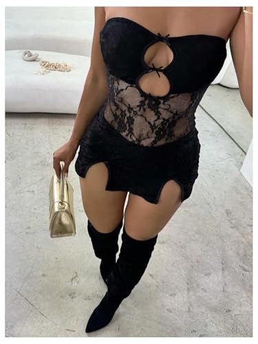 GORGLITTER Women's Floral Lace Cut Out Bow Dress Split Hem Bodycon Mini Tube Dresses4