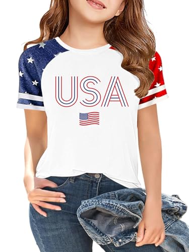 Image of CAZYCHILD Girls 4th of July USA Shirt American Flag Patriotic T-Shirt Independence Day Outfit for Kids 5-14Years