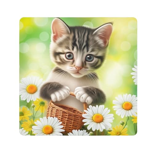 ODAWA Cute Kitten Basket Daisy Self Adhesive Cloth 21.7X21.7 Inch Self-Adhesive Cloths Protective Camera Wrapper Magic Self-Adhesive Cloths for Camera, Lens, Laptop