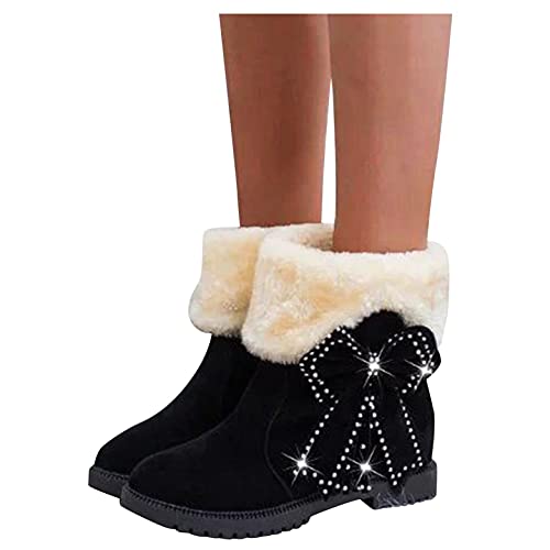 Padaleks Warm Snow Boots Women s Winter Ankle Bootie Anti-Slip Fur Lined Short Booties Bow Slip On Outdoor Shoes