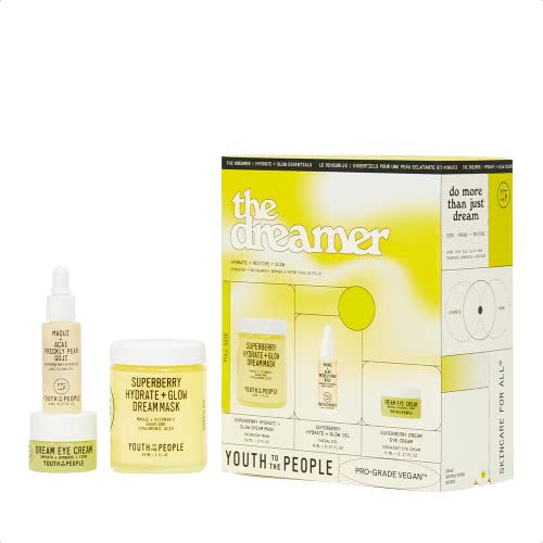 Youth To The People The Dreamer Hydrate + Glow Overnight 3-Step Skincare Kit - Hydrate + Glow Dream Mask (2 oz), Superberry Oil (8mL), Dream Eye Cream (5mL) - Vegan Face Mask + Moisturizers Set