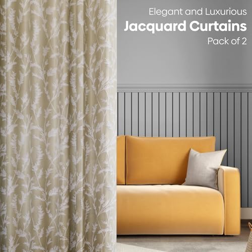 Image of haus & kinder Printed Jacquard Door Curtains 7 Feet Long Pack of 2 Door Curtains, 7 Feet Curtains for Door (Whispering Willows, Taupe 130x213 CM)
