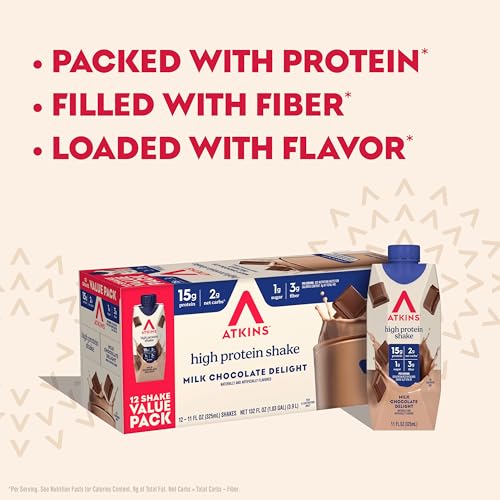Image of Atkins Milk Chocolate Delight High Protein Shake, 15g Protein, 2g Net Carb, 1g Sugar, Keto Friendly, Chocolate Flavored Protein Shakes, 12 Count