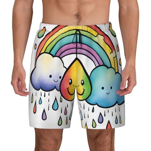 Rainbow Clouds Raindrop Men's Soft Double Swim Shorts, Lounge Swiming Shorts Pants Breathable Summer