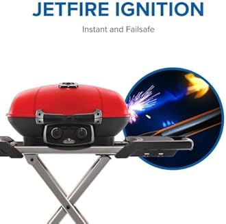 Napoleon TravelQ 285X Portable Propane Gas Grill and Scissor Cart with Griddle, Red, 2 Burners, Tailgating, Camping, and Small Outdoor Spaces