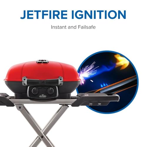 Napoleon TravelQ 285X Portable Propane Gas Grill and Scissor Cart with Griddle, Red, 2 Burners, Tailgating, Camping, and Small Outdoor Spaces