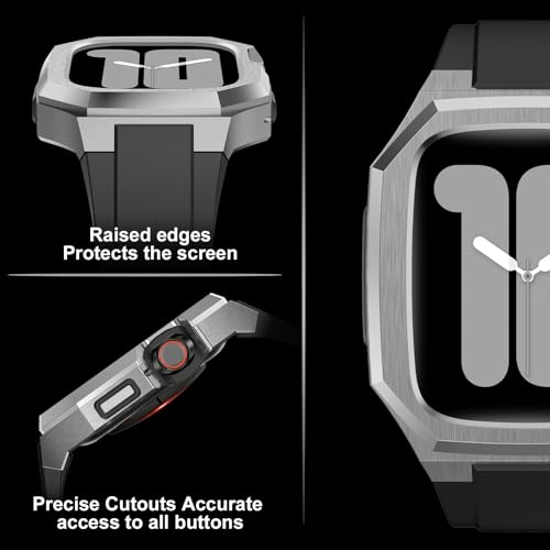 Image of Luxury Metal Case with Band Compatible for Apple Watch 44mm 45mm 46mm 49mm,Men Rugged Protective Bumper Cover with Soft Silicone Strap for iWatch Series 11 /10 /9 /8 /7 /6 /SE3 /SE2 /SE /5 /4 and Ultra 3 /2 /1 49mm