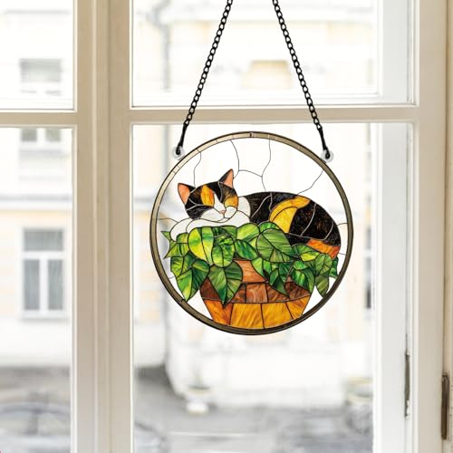 PLIGREAT Painted Cute Cat Sleeping on Potted Plants Stained Suncatcher Window Wall Art Hanging Ornament Acrylic Light Catcher Art Crafts for for Garden Home Indoor Outdoor Hanging Decor - Image 4