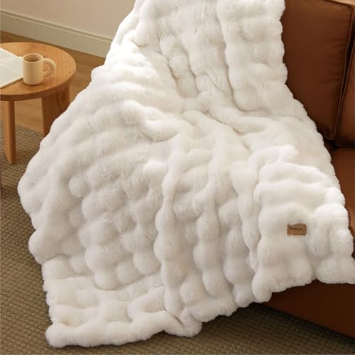 Image of Bedsure Fluffy Bubble Faux Fur Throw XL Blanket, 50 inchx70 inch, Cream