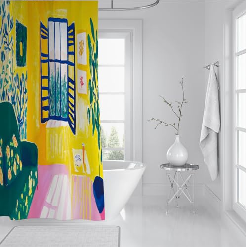Rideau de douche jaune abstrait moderne en polyester imperméable 150x180cm - 4
