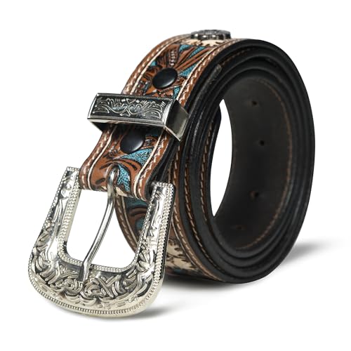 Image of Handcrafted Engraved Design Leather Belt with Embossed Buckle by N Z Overseas
