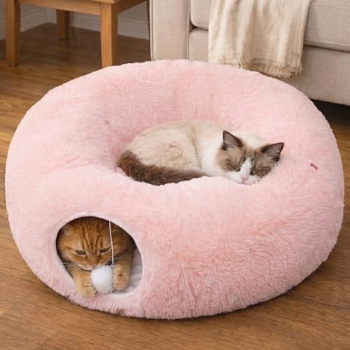 Meowfia Indoor Cat Tunnel with Donut Bed - Large Flexible Play Space for Multiple Pets - Circle or Snake Shape Cozy Lounge (Pink)