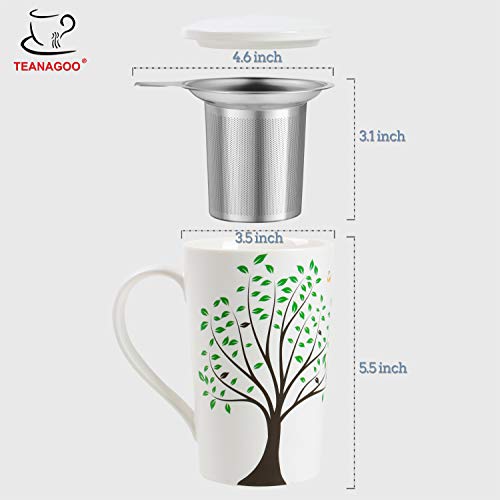 TEANAGOO Ceramic Tea Mug With Infuser and Lid and Handle, 18 Oz, Green Tree, M58-3 Women Filter Tea Cup Steeper, Brewing, Brewer Metal Diffuser Defusers Tea Drinkers Set Gifts Taza De Infusor De Té
