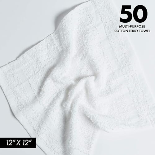 100% Cotton Terry Towels Cleaning Cloths Pack of 50 (12x12 Inches) White Cotton Terry Cloth Bar Rags White Bar Towels, Multipurpose High Absorbent Terry Towels for Cleaning Auto Detailing or Painters