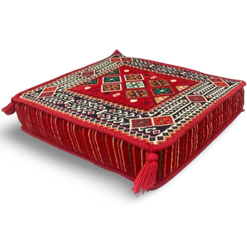 SPIRIT HOME INTERIORS 50 x 50 x 10 cm Handmade Kilim Cushion Cover - Moroccan Bohemian Square Pillow Cover for Meditation, Yoga, Floor Seating, Bench Cushion, Window Seat Decor (Chile)