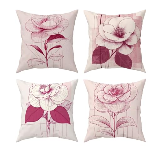 Juego de 4 Funda Cojin Rosa 50x50 cm, Fundas Cojines Sofa Flor, Decorativos Cojines para Sofa, Decorativos Cojin de Terciopelo con Cremallera Oculta para Decorar Sala de Estar Cama Silla Coche Q-63