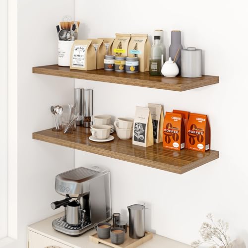Image of Dreamland 40 inch Floating Shelves for Wall, 12 inch Deep Slim Walnut Floating Shelves, Wall-Mounted Shelves for Bedroom, Living Room, Kitchen, Bathroom - Set of 2