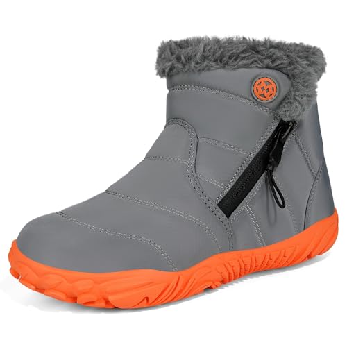 Girls Boys Barefoot Boots Shoes Minimalist Winter Snow Boots Wide Width Waterproof Ankle Booties Cold Weather Outdoor Shoes with Zero Drop Sole (Little Kid/Big Kid) (Grey Orange, 34,2.5 US Little Kid)