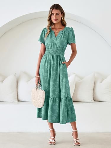 Image of Simplee Womens Summer Boho Maxi Dress Semi Formal Wedding Guest Short Sleeve V Neck Empire Waist Floral Long Dresses