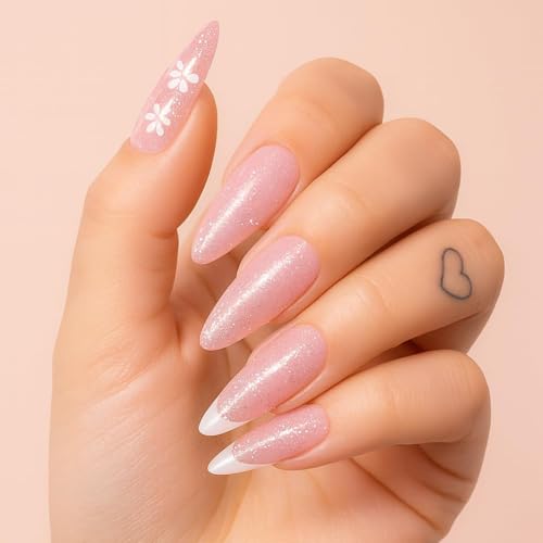 Image of 24 Pcs Reusable Artificial Nails Fake Nails with Glue and Kit|Daisies & Frost French tip with gloss Press On Nails | ABS Material UV Protected Long Lasting Finish | Reusable Customizable Nail Kit |Long Almond Nails