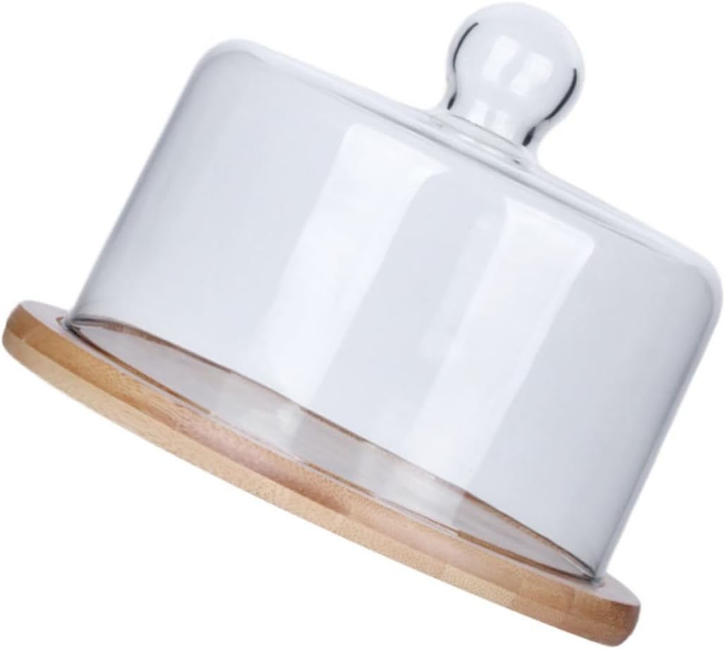 Uonlytech Household Cake Dome Glass Food Cover with Large Dome and Wooden Tray Dustproof Protective Display for Cakes, Desserts, and Pastries Serving at Home