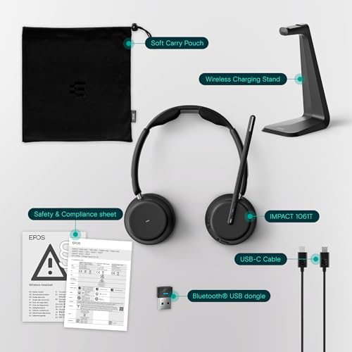 Image of EPOS IMPACT 1061T Professional Wiresless Bluetooth Headset - Dual-Sided, AI Voice Recognition, BrainAdapt Technology,Sound for High-Density Office Environments, Charging stand.