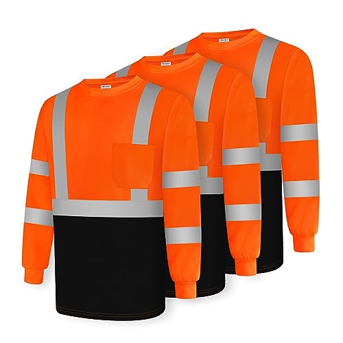 Uno Mejor Work Shirts for Men Construction Class 3 High Visibility Shirts for Men, Hi Vis Reflective Safety T-Shirts for Men Women, Long Sleeve Work Shirts with Black Bottom, Orange XL, 3PCS