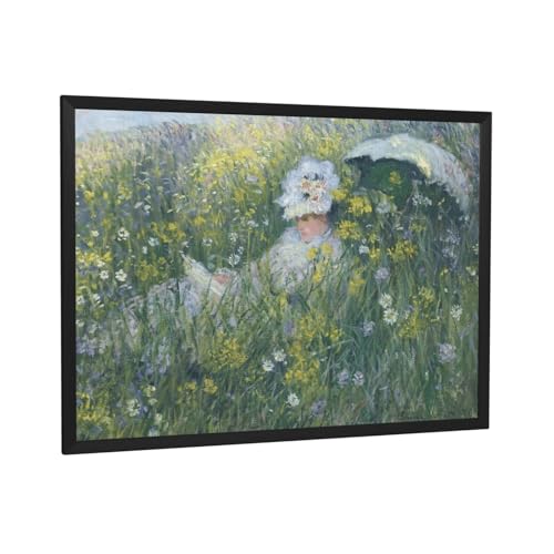 40x30cm モネ 牧草地にて 1876年 ポスター 部屋飾り キャンバスウォールアート 印刷 版画 壁飾り 壁の絵 壁掛け ソファの背景絵画 黒枠 複製画 ブラックフレーム付き